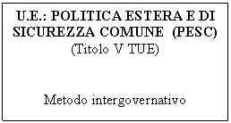 Text Box: U.E.: POLITICA ESTERA E DI SICUREZZA COMUNE  (PESC)
(Titolo V TUE)


Metodo intergovernativo
