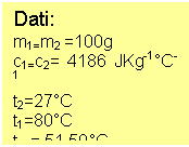 Text Box: Dati:
m1=m2 =100g
c1=c2= 4186 JKg-1C-1
t2=27C
t1=80C
teq= 51,50C

