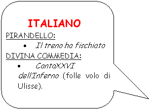 Rounded Rectangular Callout: ITALIANO
PIRANDELLO:
. Il treno ha fischiato
DIVINA COMMEDIA: 
. CantoXXVI dell'Inferno (folle volo di Ulisse).



