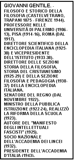 Text Box: GIOVANNI GENTILE. - FILOSOFO E STORICO DELLA FILOSOFIA (CASTELVETRANO, TRAPANI 1875 - FIRENZE 1944).
PROFESSORE NELLE UNIVERSIT DI PALERMO (1906-13), PISA (1914-16), ROMA (DAL 1917). 
DIRETTORE SCIENTIFICO DELLA ENCICLOPEDIA ITALIANA (1925-38) E VICEPRESIDENTE DELL'ISTITUTO (1933-38).
DIRETTORE DELLE SEZIONI STORIA DELLA FILOSOFIA, STORIA DEL CRISTIANESIMO (1925-29) E DELLA SEZIONE FILOSOFIA E PEDAGOGIA (1930-37) DELLA ENCICLOPEDIA ITALIANA.
SENATORE DEL REGNO (DAL NOVEMBRE 1922).
MINISTRO DELLA PUBBLICA ISTRUZIONE (1922-24), REALIZZ LA RIFORMA DELLA SCUOLA (1923).
AUTORE DEL "MANIFESTO DEGLI INTELLETTUALI FASCISTI" (1925).
SOCIO NAZIONALE DELL'ACCADEMIA DEI LINCEI (1932).
PRESIDENTE DELL'ACCADEMIA D'ITALIA (1943). 
FOND IL GIORNALE CRITICO DELLA FILOSOFIA ITALIANA (1920).
FU UCCISO A FIRENZE DA UN GRUPPO DI GIOVANI ADERENTI AI GAP.
