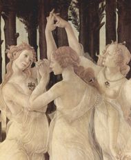 Le tre Grazie, dettaglio. Il viso a destra ritrae il profilo di Caterina Sforza, quello al centro Semiramide Appiani, quello di sinistra forse Luisa de' Medici o Simonetta Vespucci.