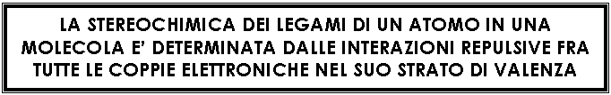 Text Box: LA STEREOCHIMICA DEI LEGAMI DI UN ATOMO IN UNA MOLECOLA E' DETERMINATA DALLE INTERAZIONI REPULSIVE FRA TUTTE LE COPPIE ELETTRONICHE NEL SUO STRATO DI VALENZA