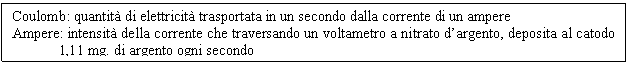 Text Box: Coulomb: quantit di elettricit trasportata in un secondo dalla corrente di un ampere
Ampere: intensit della corrente che traversando un voltametro a nitrato d'argento, deposita al catodo 1,11 mg. di argento ogni secondo
