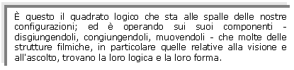 Text Box:  questo il quadrato logico che sta alle spalle delle nostre configurazioni; ed  operando sui suoi componenti - disgiungendoli, congiungendoli, muovendoli - che molte delle strutture filmiche, in particolare quelle relative alla visione e all'ascolto, trovano la loro logica e la loro forma.