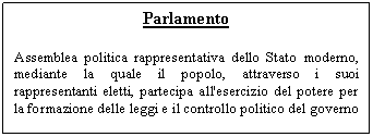 Text Box: Parlamento

Assemblea politica rappresentativa dello Stato moderno, mediante la quale il popolo, attraverso i suoi rappresentanti eletti, partecipa all'esercizio del potere per la formazione delle leggi e il controllo politico del governo
