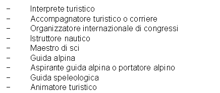 Text Box: - Interprete turistico
- Accompagnatore turistico o corriere
- Organizzatore internazionale di congressi
- Istruttore nautico
- Maestro di sci
- Guida alpina
- Aspirante guida alpina o portatore alpino
- Guida speleologica
- Animatore turistico
