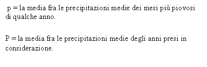 Text Box: p = la media fra le precipitazioni medie dei mesi pi piovosi di qualche anno. 

P = la media fra le precipitazioni medie degli anni presi in considerazione.
