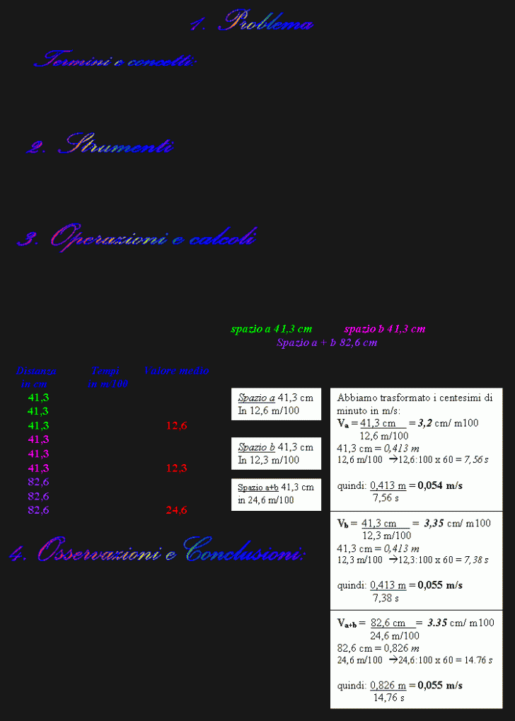 1. Problema,Termini e concetti:,2. Strumenti,4. Osservazioni e Conclusioni:,3. Operazioni e calcoli