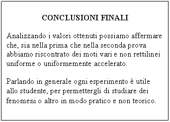 Text Box: CONCLUSIONI FINALI

Analizzando i valori ottenuti possiamo affermare che, sia nella prima che nella seconda prova abbiamo riscontrato dei moti vari e non rettilinei uniforme o uniformemente accelerato.

Parlando in generale ogni esperimento  utile allo studente, per permettergli di studiare dei fenomeni o altro in modo pratico e non teorico.
