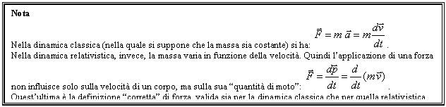 Text Box: Nota
Nella dinamica classica (nella quale si suppone che la massa sia costante) si ha: .
Nella dinamica relativistica, invece, la massa varia in funzione della velocit. Quindi l'applicazione di una forza non influisce solo sulla velocit di un corpo, ma sulla sua 