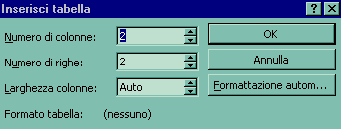 Finestra di dialogo Inserisci tabella