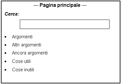 Text Box: - Pagina principale -
Cerca: 

. Argomenti
. Altri argomenti
. Ancora argomenti
. Cose utili
. Cose inutili
