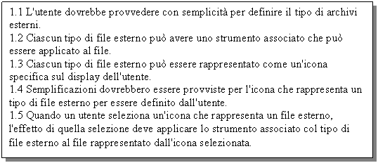 Text Box: 1.1 L'utente dovrebbe provvedere con semplicit per definire il tipo di archivi esterni. 
1.2 Ciascun tipo di file esterno pu avere uno strumento associato che pu essere applicato al file. 
1.3 Ciascun tipo di file esterno pu essere rappresentato come un'icona specifica sul display dell'utente. 
1.4 Semplificazioni dovrebbero essere provviste per l'icona che rappresenta un tipo di file esterno per essere definito dall'utente. 
1.5 Quando un utente seleziona un'icona che rappresenta un file esterno, l'effetto di quella selezione deve applicare lo strumento associato col tipo di file esterno al file rappresentato dall'icona selezionata.
