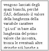 Text Box: vengono lasciati degli spazi bianchi, perch SAS, definendo il valore della lunghezza della variabile carattere 'giud' in base alla lunghezza del primo valore che incontra, tronca le eventuali altre stringhe pi lunghe a quel valore. (es.: 'c. discreto' verrebbe troncato a 'c. discre',)