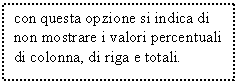 Text Box: con questa opzione si indica di non mostrare i valori percentuali di colonna, di riga e totali. 