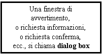 Text Box: Una finestra di
avvertimento,
o richiesta informazioni,
o richiesta conferma,
 ecc., si chiama dialog box
