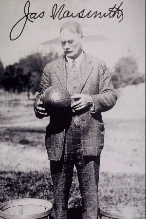 [photo:
James Naismith with basketball.