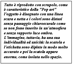 Text Box: Tutto  riprodotto con scrupolo, come  caratteristico della "Pop art" l'oggetto  disegnato con una linea scura e netta e i colori sono distesi senza passaggio chiaroscurale come se non fosse inserito in un'atmosfera e senza rapporto luce ombra.
L'immagine, tuttavia, ha una sua individualit ed unicit: la scatola e l'etichetta sono dipinte in modo molto accurato e poi la scatola appare enorme, come isolata nello spazio.
