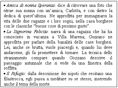 Text Box: . Amica di nonna Speranza: dice di ritrovare una foto che ritrae sua nonna con un'amica, Carlotta, e con dietro la dedica di quest'ultima. Ne approfitta per immaginarsi la vita delle due ragazze e i loro sogni, nella casa borghese con le classiche 