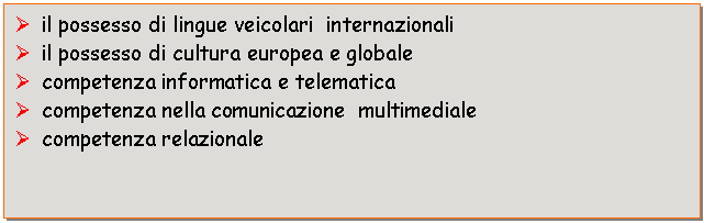 Text Box:  il possesso di lingue veicolari internazionali
 il possesso di cultura europea e globale
 competenza informatica e telematica
 competenza nella comunicazione multimediale
 competenza relazionale


