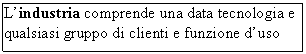 Text Box: L'industria comprende una data tecnologia e qualsiasi gruppo di clienti e funzione d'uso