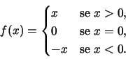 \beginf(x)=\begin
x & \textx>0, \\
0 & \textx=0,\\
-x & \textx<0.
\end\end