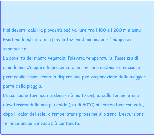 Text Box: Nei deserti caldi la piovosit pu variare tra i 100 e i 200 mm annui. 
Esistono luoghi in cui le precipitazioni diminuiscono fino quasi a scomparire.
La povert del manto vegetale, l'elevata temperatura, l'assenza di grandi oasi d'acqua e la presenza di un terreno sabbioso e roccioso permeabile favoriscono la dispersione per evaporazione della maggior parte della pioggia.
L'escursione termica nei deserti  molto ampia: dalla temperatura elevatissima delle ore pi calde (pi di 50C) si scende bruscamente, dopo il calar del sole, a temperature prossime allo zero. L'escursione termica annua  invece pi contenuta. 
