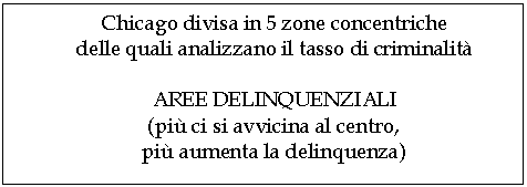 Text Box: Chicago divisa in 5 zone concentriche 
delle quali analizzano il tasso di criminalit 

AREE DELINQUENZIALI
(pi ci si avvicina al centro, 
pi aumenta la delinquenza)
